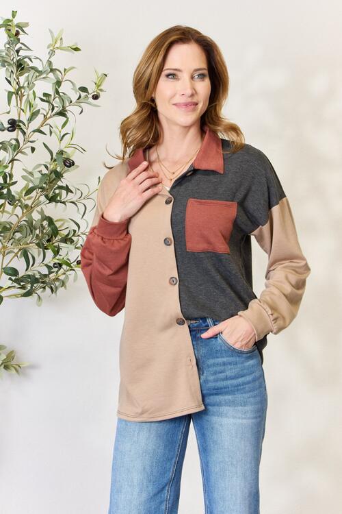 Block Button Down Long Sleeve Top