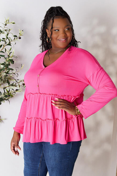 Double Take Half Button Long Sleeve Ruffle Hem Blouse - Multiple Colors!