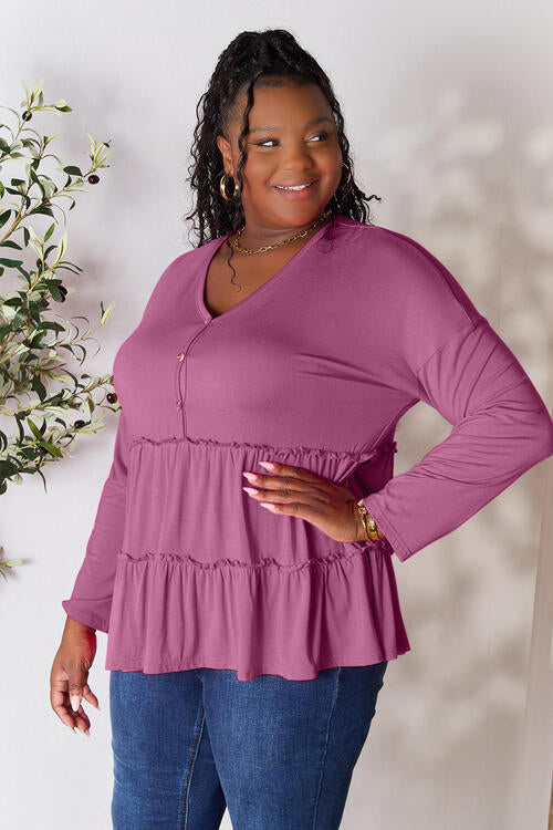 Double Take Half Button Long Sleeve Ruffle Hem Blouse - Multiple Colors!