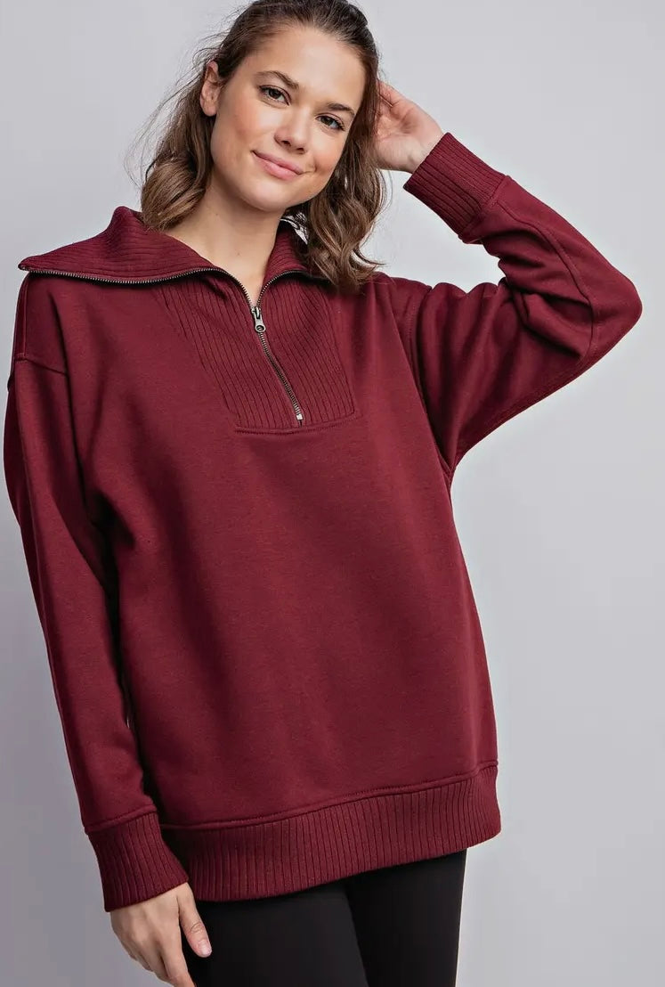 French Terry Ribbed Mock Neck Pullover