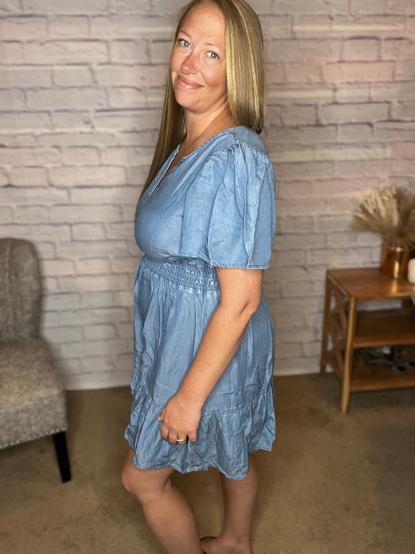 Split Neck Flounce Chambray Mini Dress