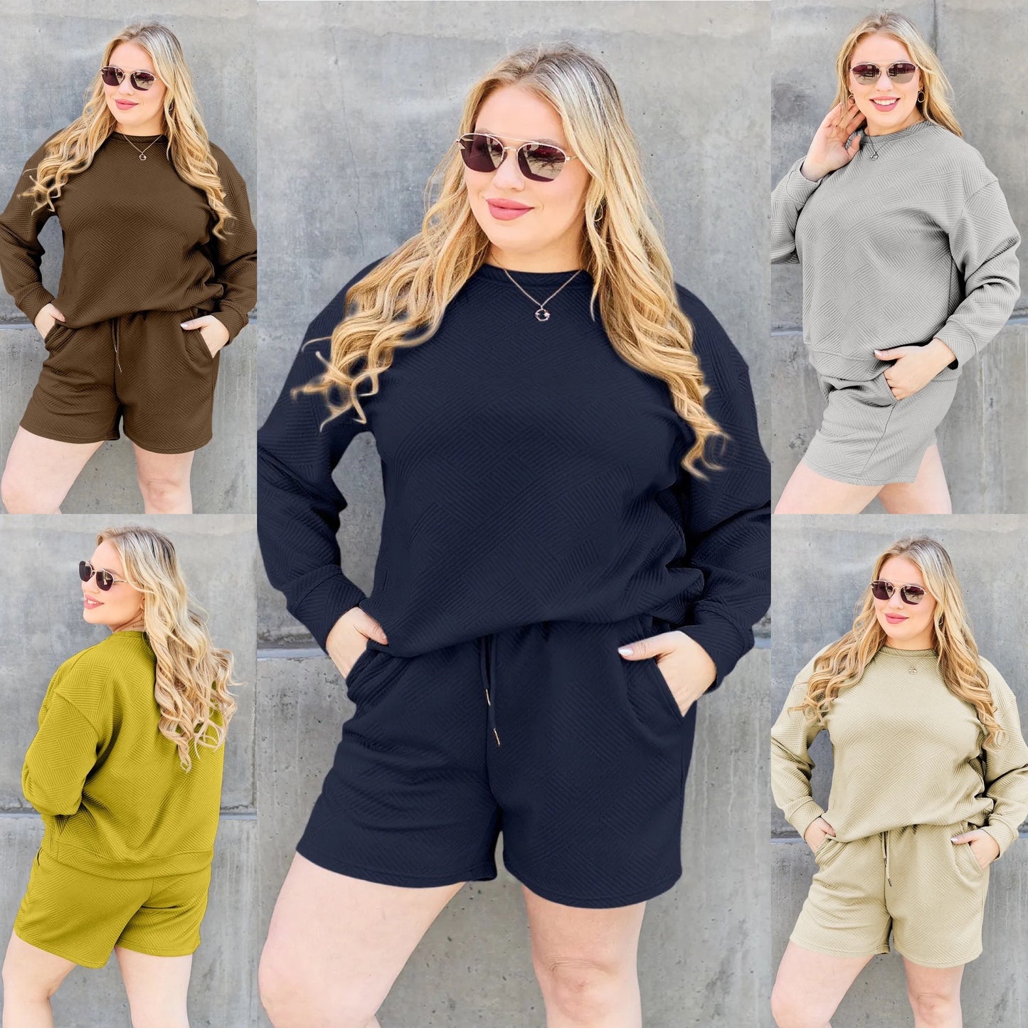 Double Take Textured Long Sleeve Top and Drawstring Shorts Set - 5 Color Options!