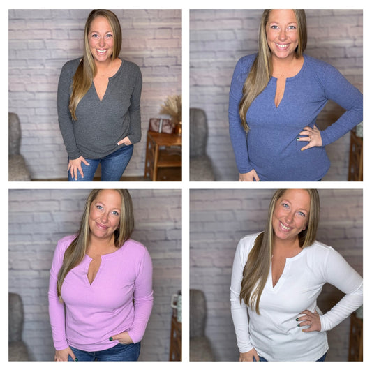 Melange Baby Waffle V-Neck Long Sleeve Top! Doorbuster Deal!