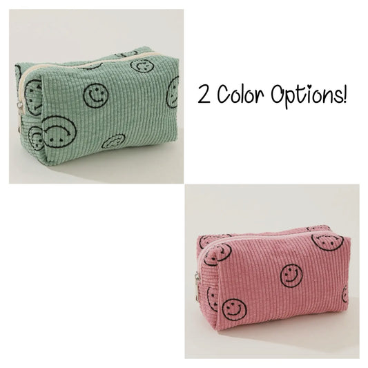 Smiley Face Corduroy Cosmetic Bag - 2 Colors!