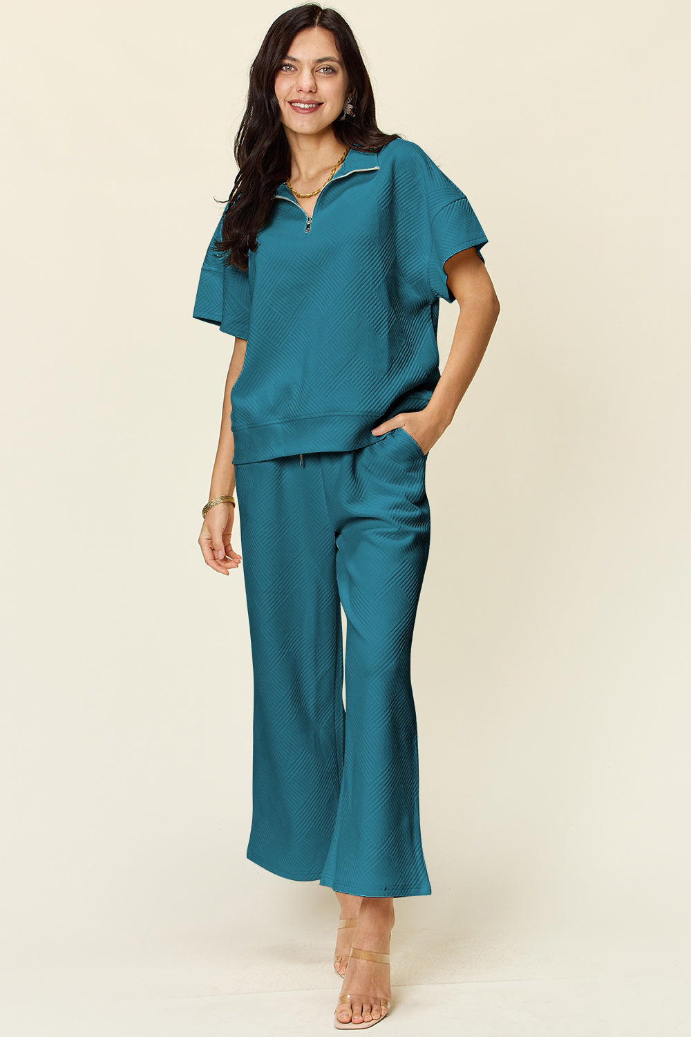 Double Take Full Size Texture Half Zip Short Sleeve Top and Pants Set - Multiple Colors!