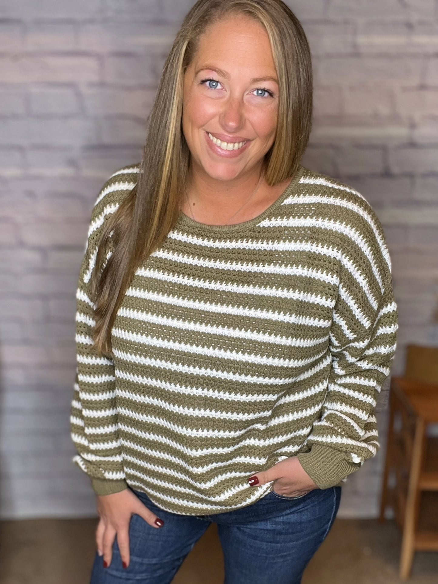 Relaxed Stripe Knit Pullover Sweater in Olive!