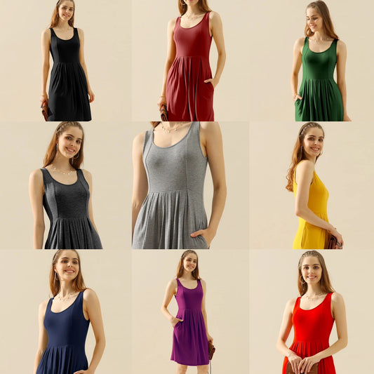 Doublju Round Neck Ruched Sleeveless Dress with Pockets - Multiple Colors!