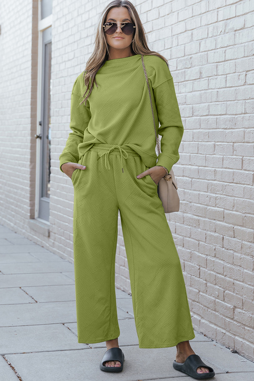 Double Take Textured Long Sleeve Top and Drawstring Pants Set - 10 color options!