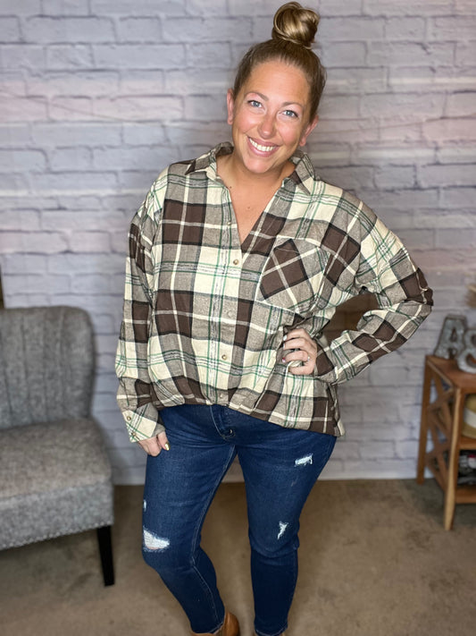 High/Low Plaid Button Down Top