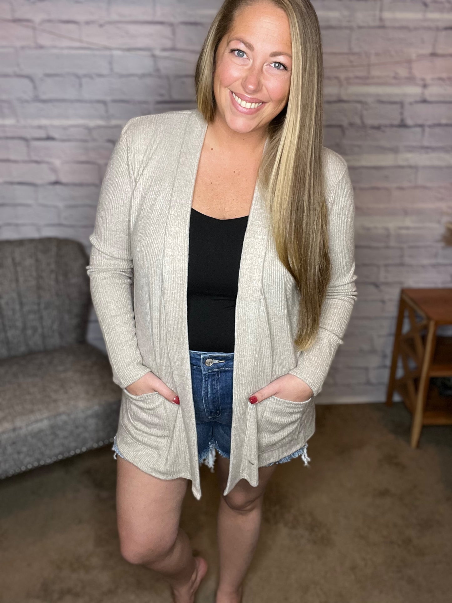 Heather Ribbed Cardi with Pockets
