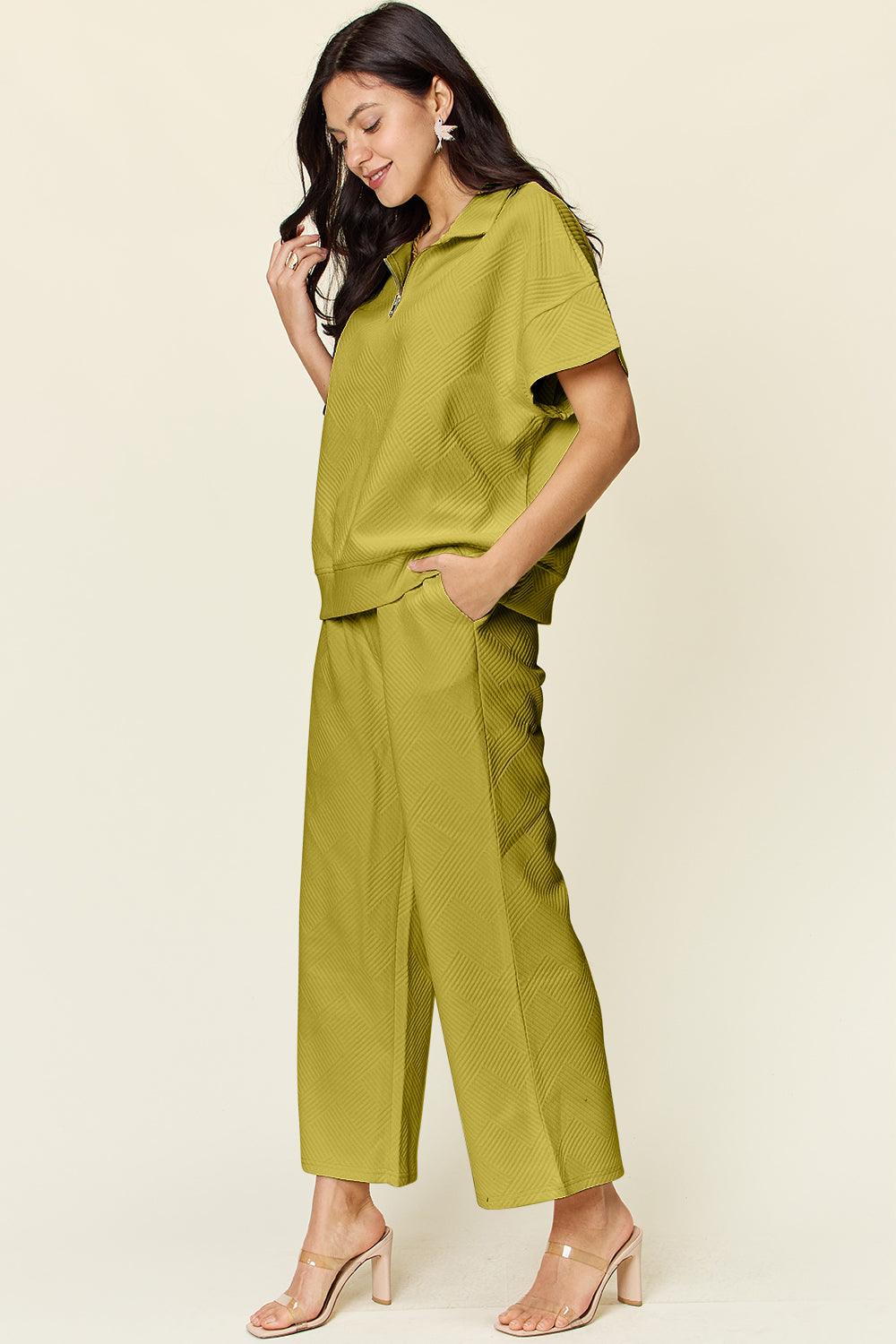 Double Take Full Size Texture Half Zip Short Sleeve Top and Pants Set - Multiple Colors!