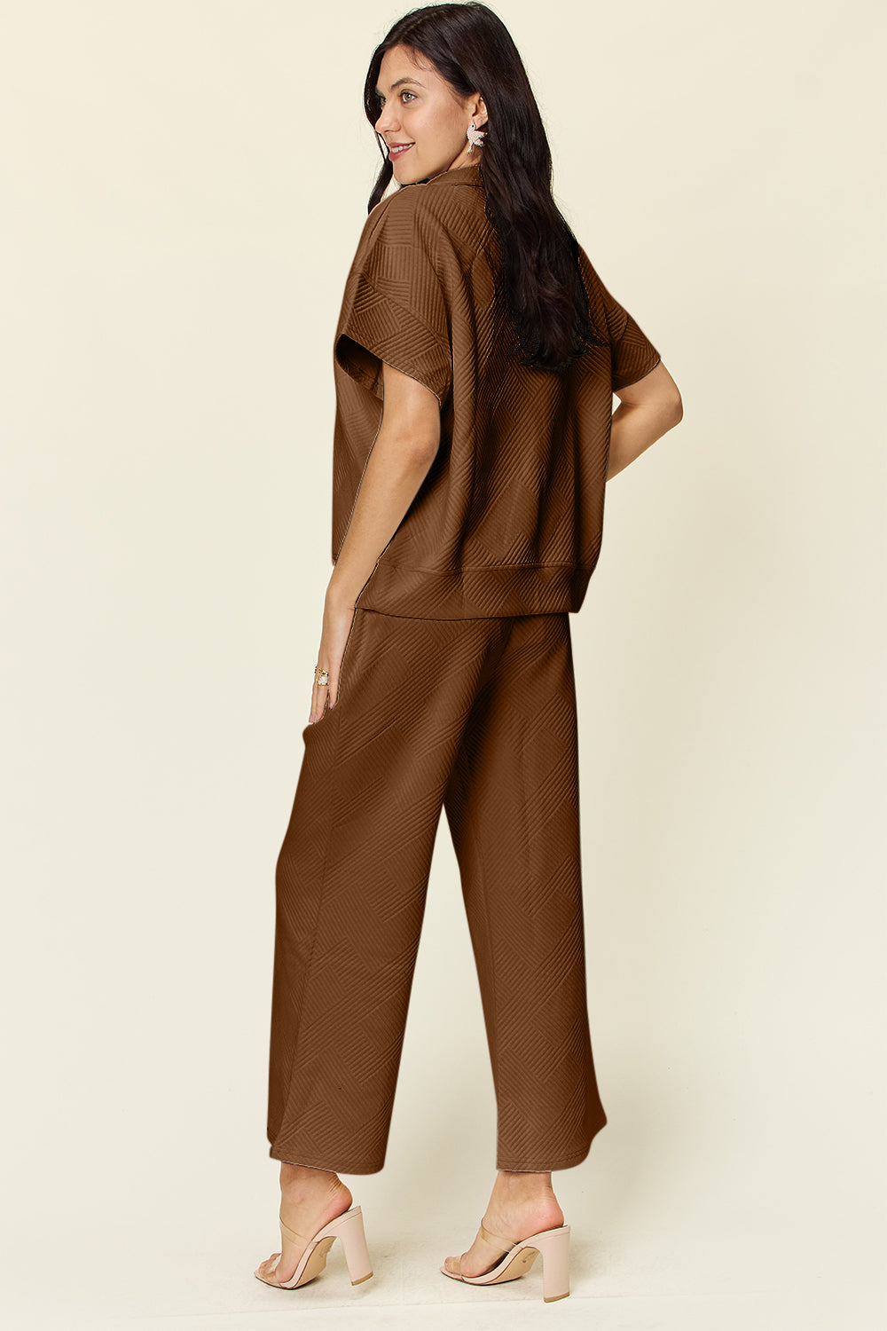 Double Take Full Size Texture Half Zip Short Sleeve Top and Pants Set - Multiple Colors!