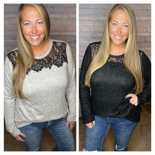 Lace Contrast Long Sleeve Top - 2 Colors Available!