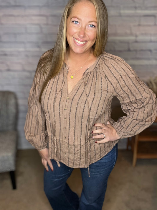 Mocha Striped Peasant Top