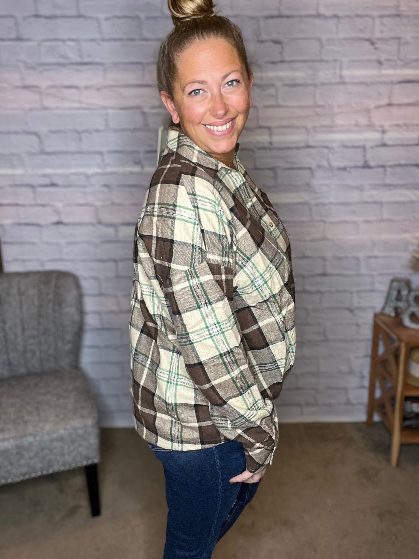 High/Low Plaid Button Down Top