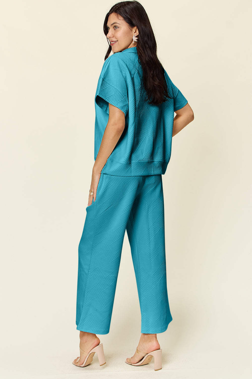 Double Take Full Size Texture Half Zip Short Sleeve Top and Pants Set - Multiple Colors!