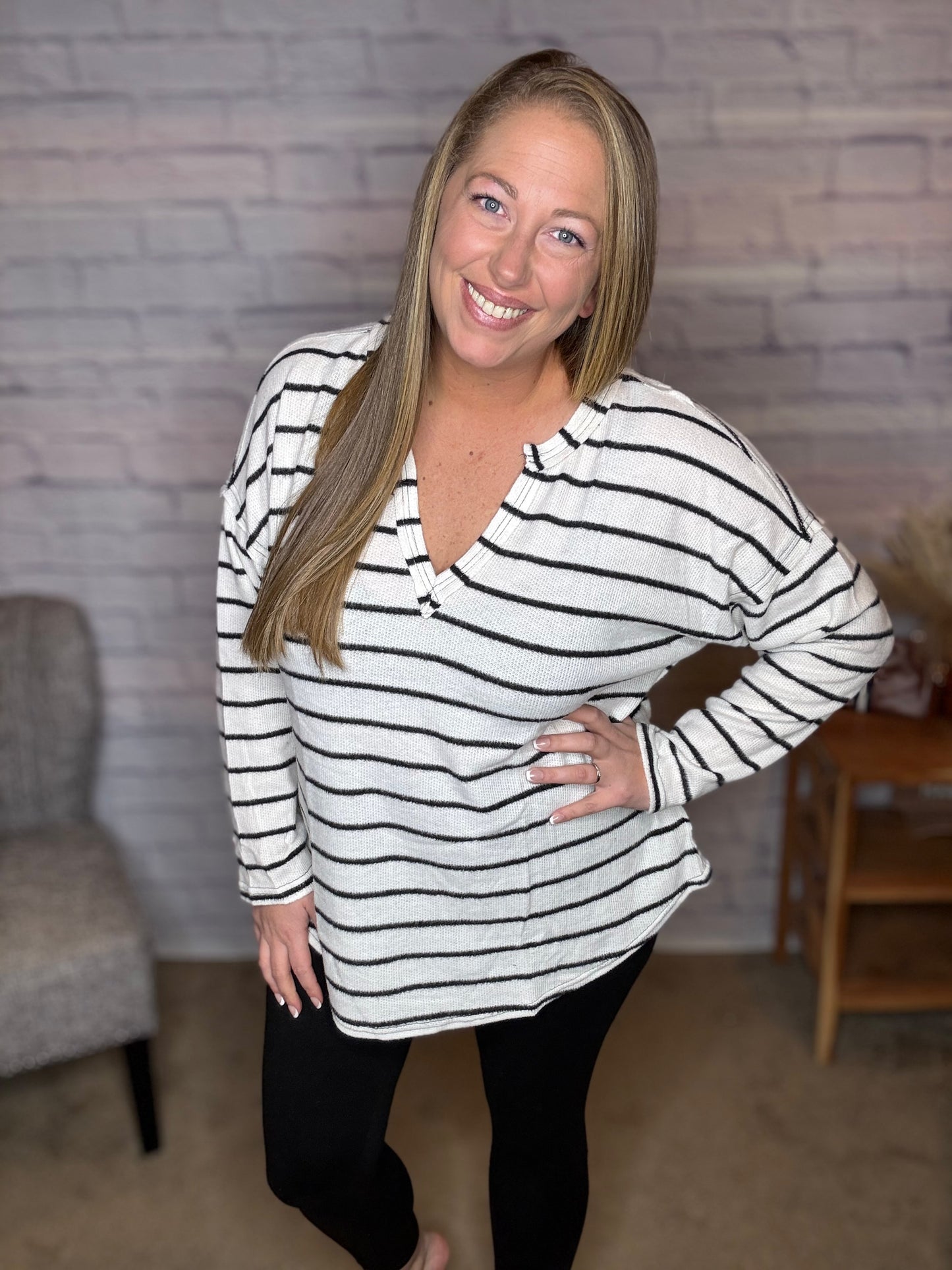 Stripe Exposed Seam Split Neck Knit Top - Curvy Girl Exclusive!