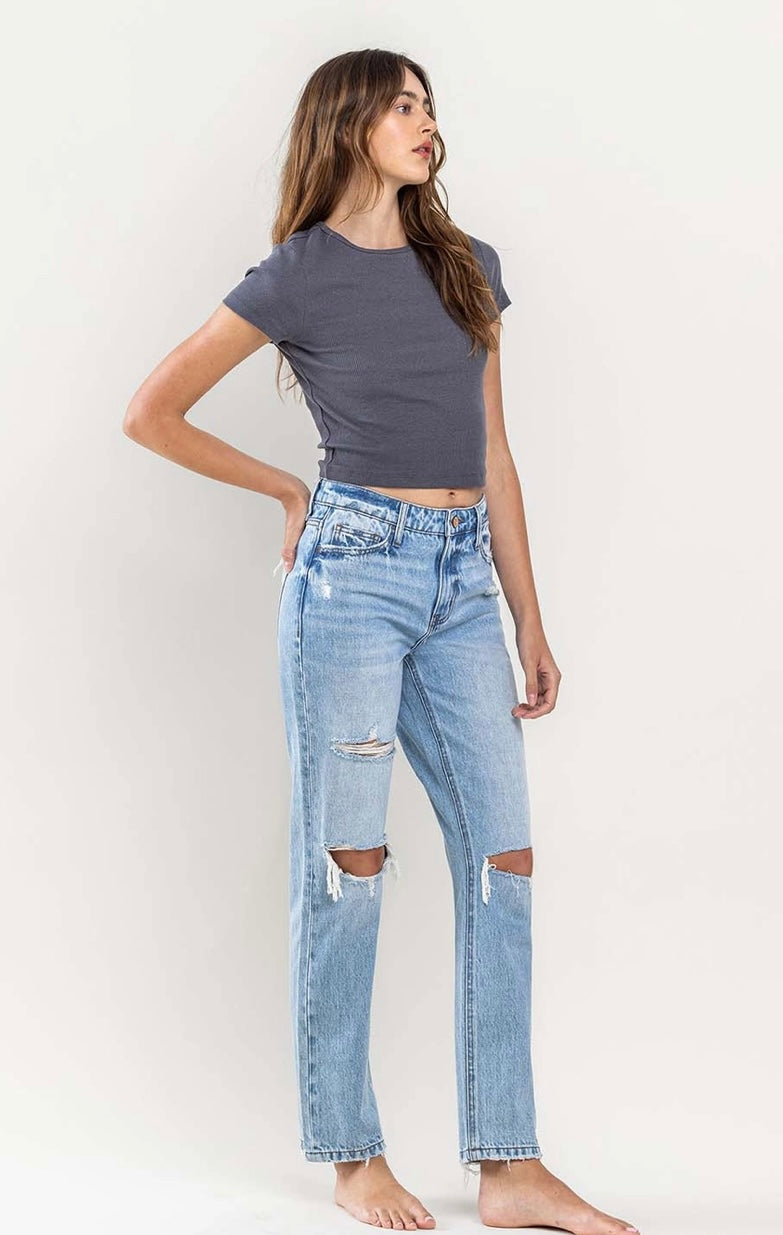 High Rise Distressed Straight Jeans by Vervet