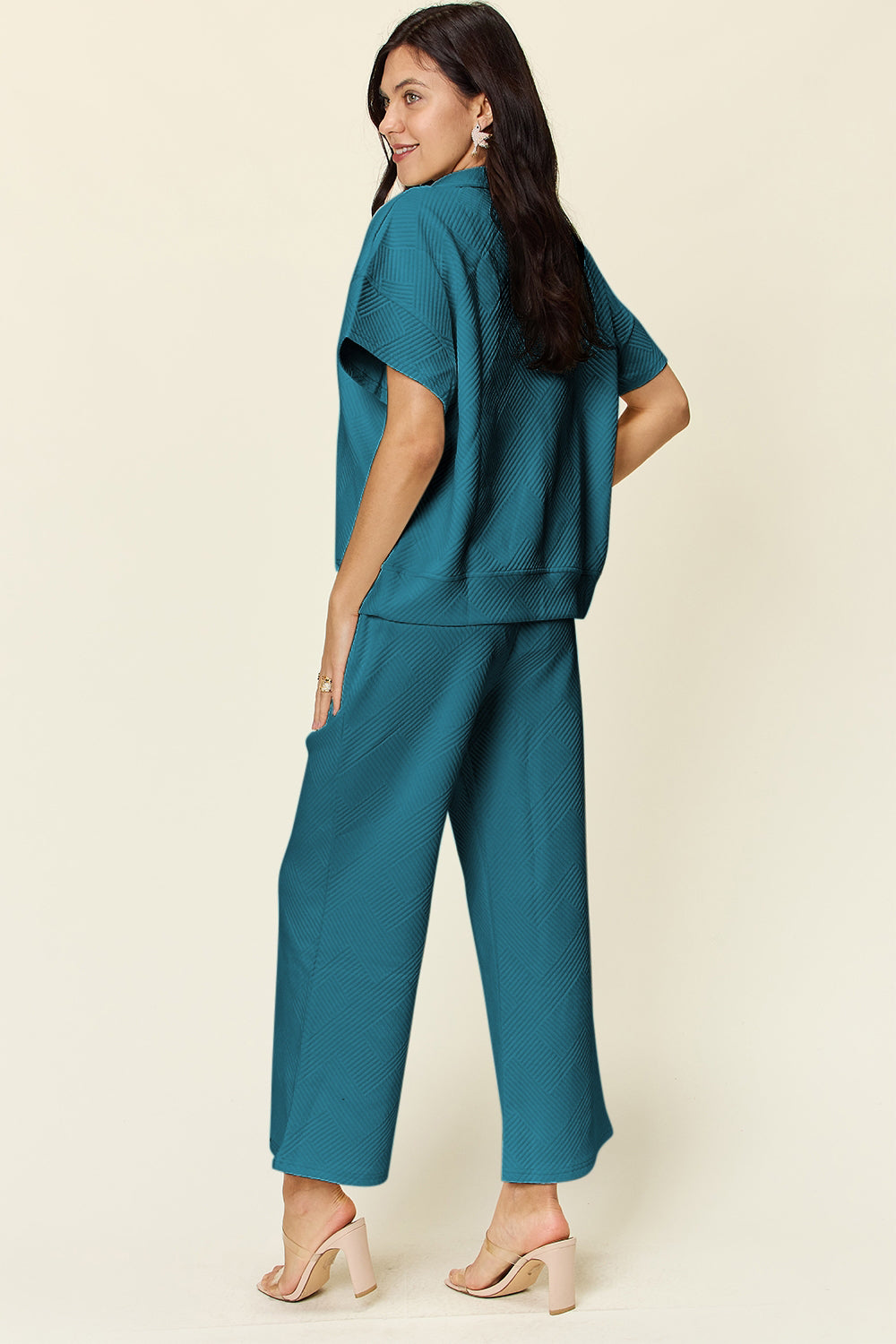 Double Take Full Size Texture Half Zip Short Sleeve Top and Pants Set - Multiple Colors!