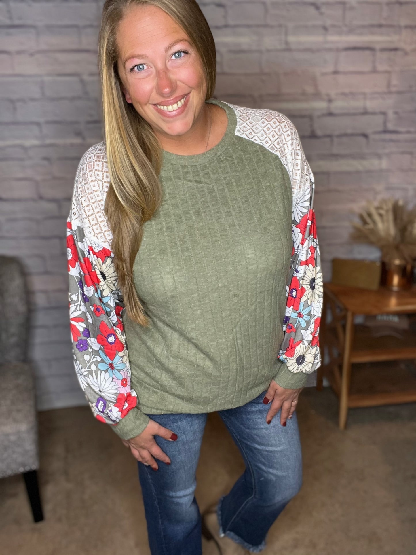 Laurel Green Floral Patchwork Long Sleeve Ribbed Sweater Top