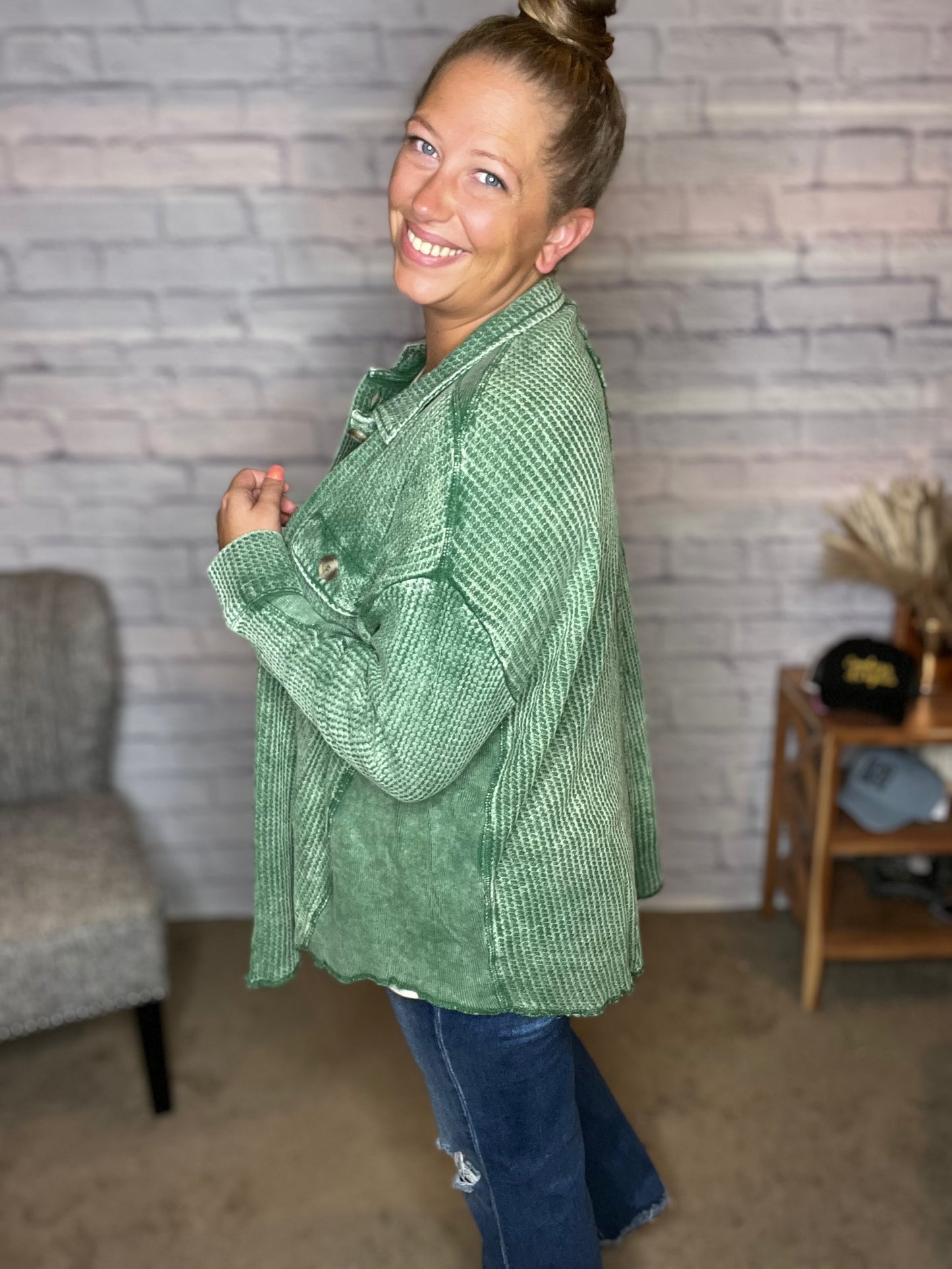 For the Love of Green! Acid Wash Oversized Cotton Waffle Shacket