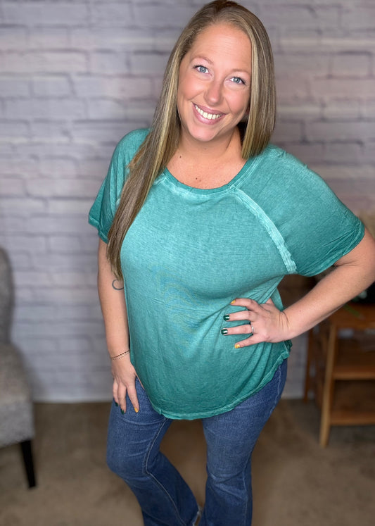 Washed Short Sleeve Boat-Neck Top in Eagles Green! Doorbuster Deal!