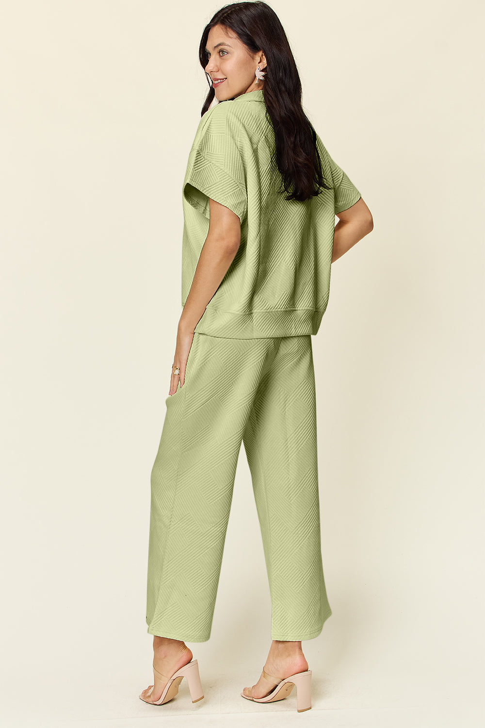 Double Take Full Size Texture Half Zip Short Sleeve Top and Pants Set - Multiple Colors!