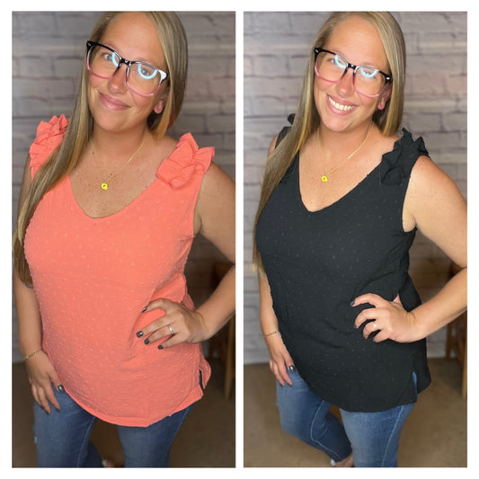 V Neck Sleeveless Ruffle Tank Top - Black or Coral!