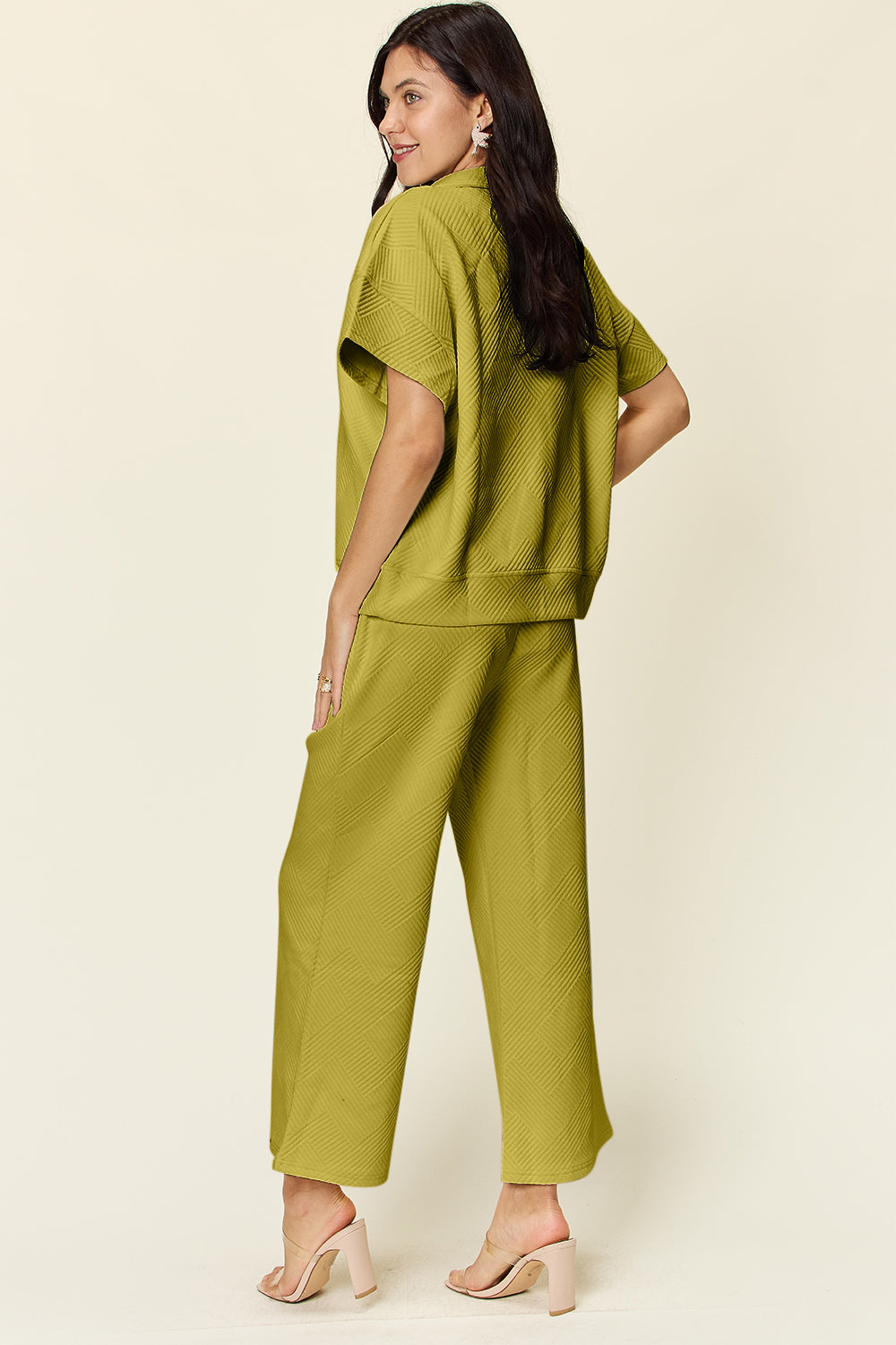 Double Take Full Size Texture Half Zip Short Sleeve Top and Pants Set - Multiple Colors!