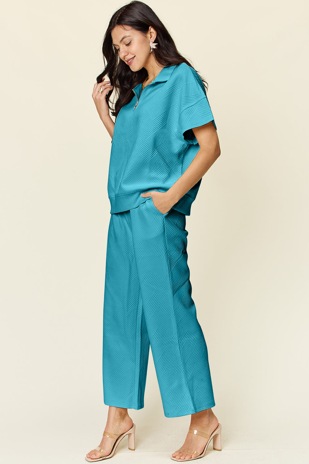 Double Take Full Size Texture Half Zip Short Sleeve Top and Pants Set - Multiple Colors!