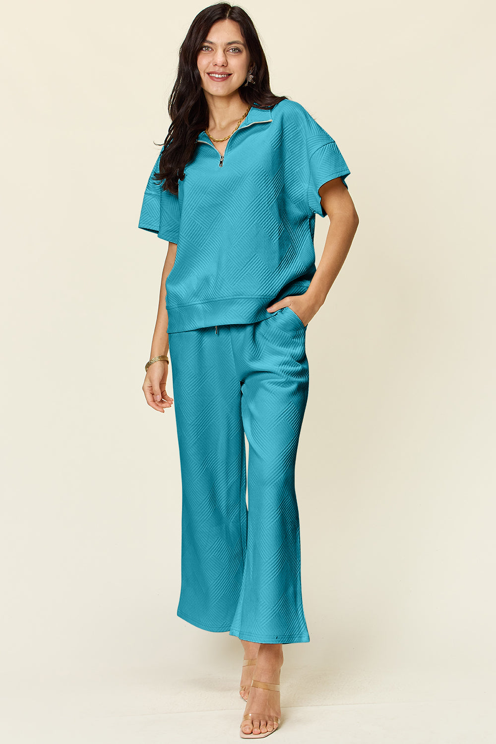 Double Take Full Size Texture Half Zip Short Sleeve Top and Pants Set - Multiple Colors!