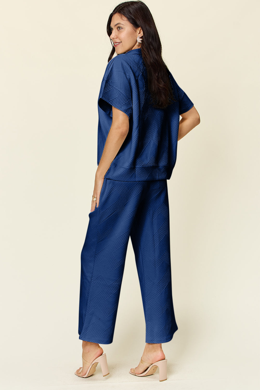 Double Take Full Size Texture Half Zip Short Sleeve Top and Pants Set - Multiple Colors!