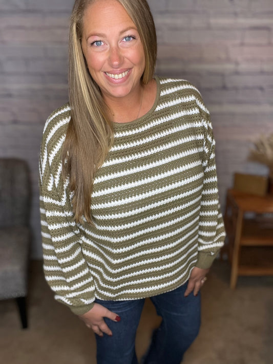 Relaxed Stripe Knit Pullover Sweater in Olive!