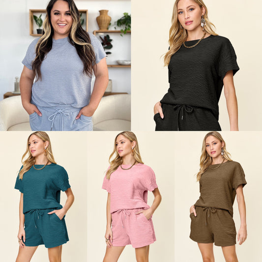 Double Take Texture Short Sleeve T and Drawstring Shorts Set - 5 Colors!