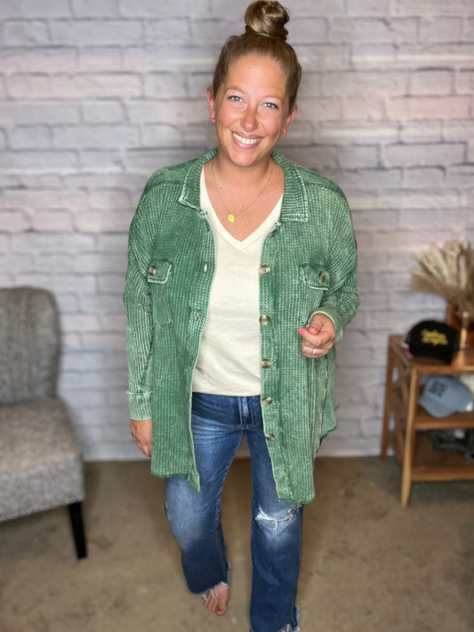 For the Love of Green! Acid Wash Oversized Cotton Waffle Shacket