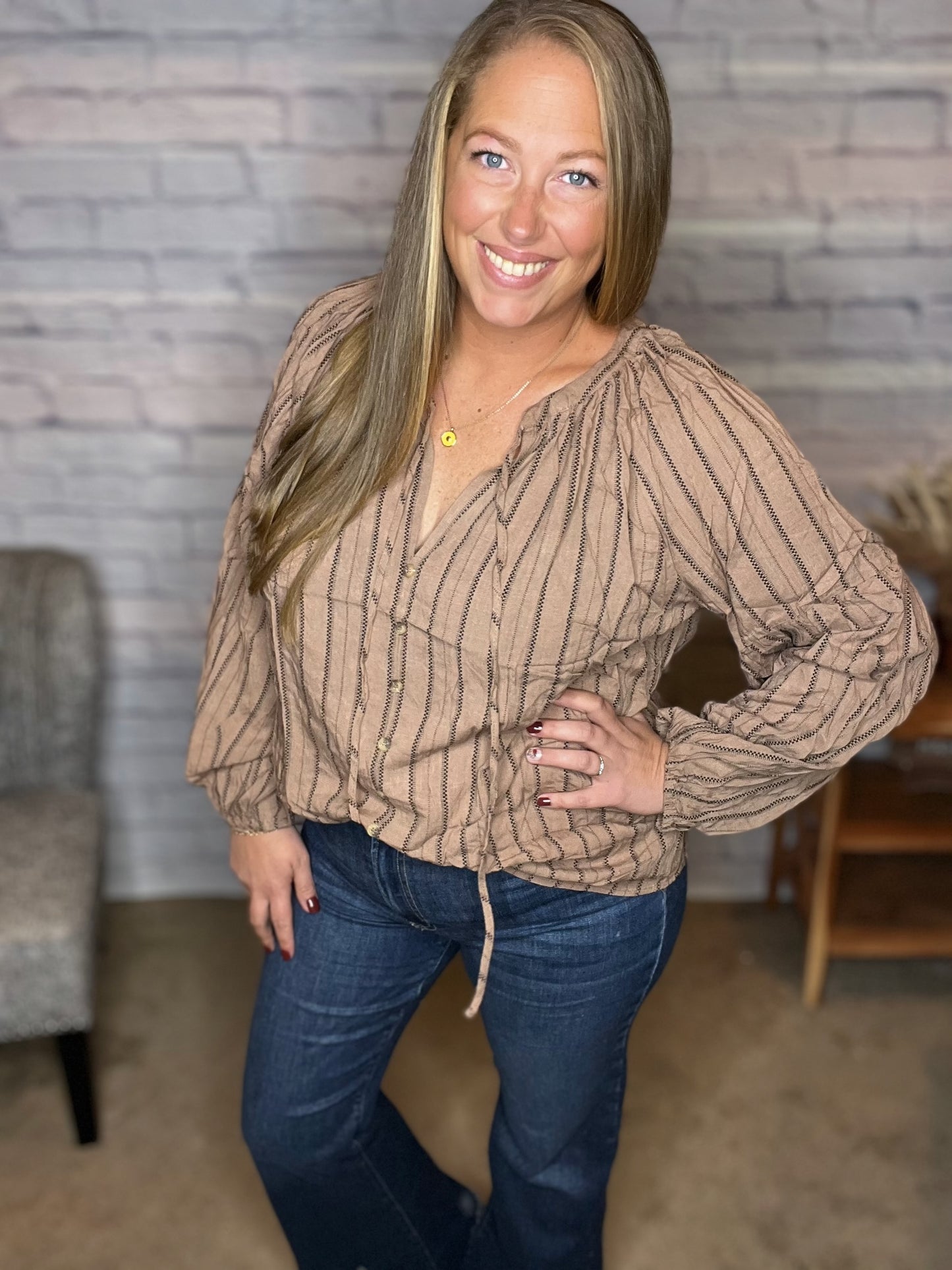 Mocha Striped Peasant Top