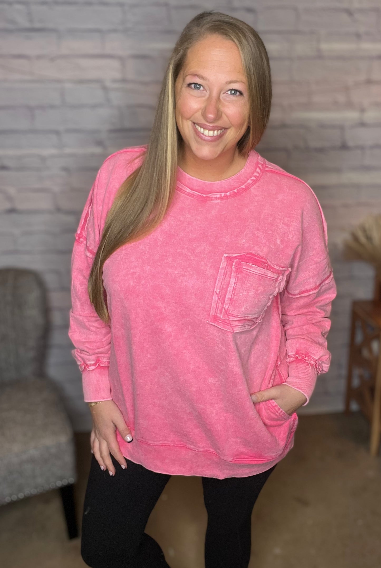 Pretty in Pink French Terry Acid Wash Pullover with Pockets!