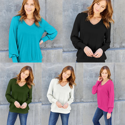 Basic Bae V-Neck Lantern Sleeve Blouse - Multiple Colors!