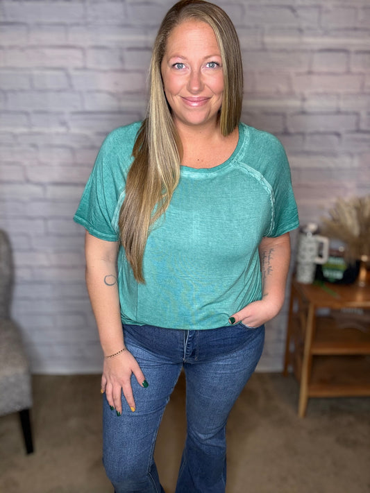 Washed Short Sleeve Boat-Neck Top in Eagles Green!