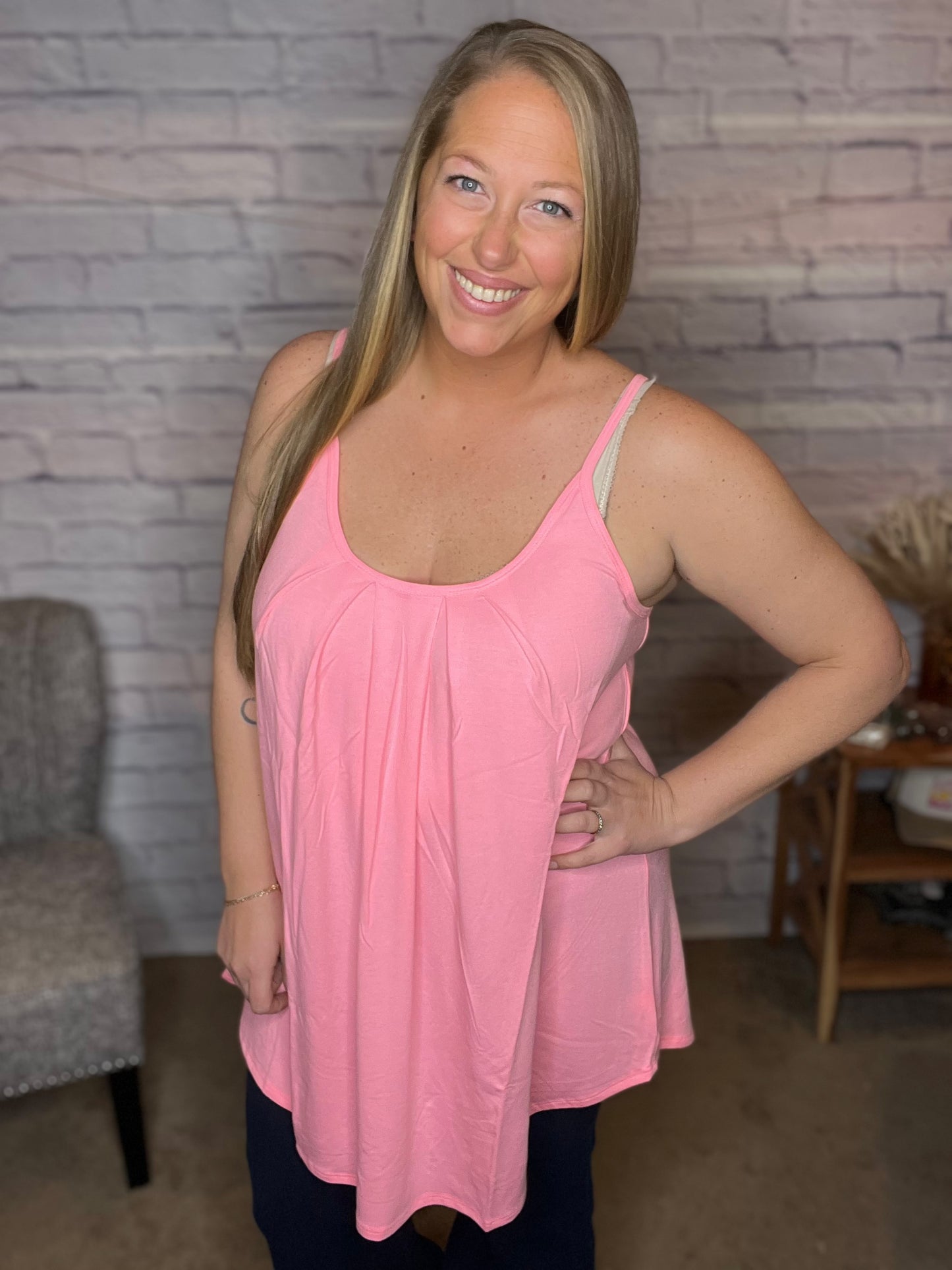 Pretty in Pink Pleated Cami with Adjustable Straps