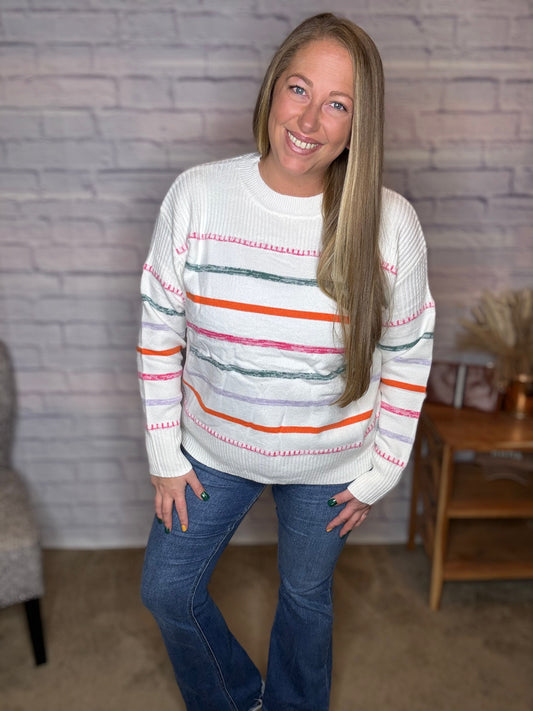 White Colorful Striped Ribbed Trim Sweater