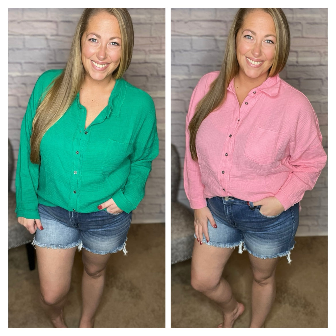 Oversized Raw Edge Shirt - Pink or Green!