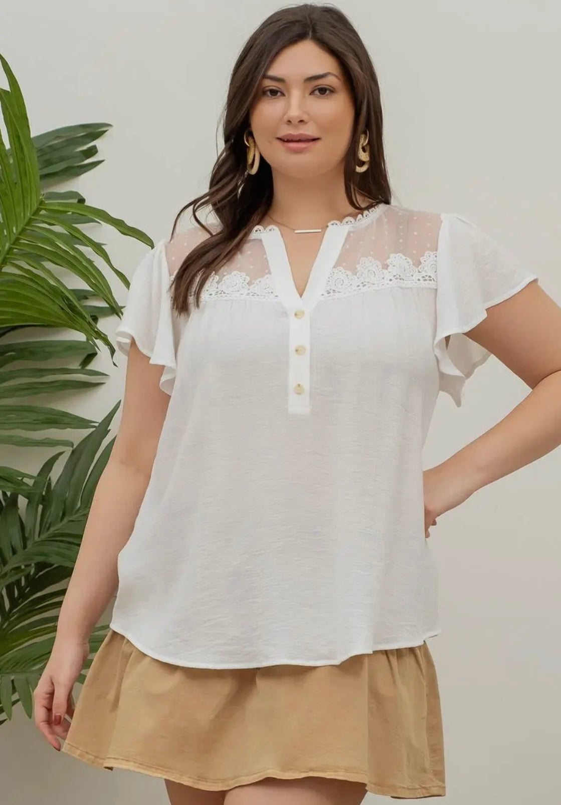 Split Neck Button Down Sheer Lace Yoke Blouse