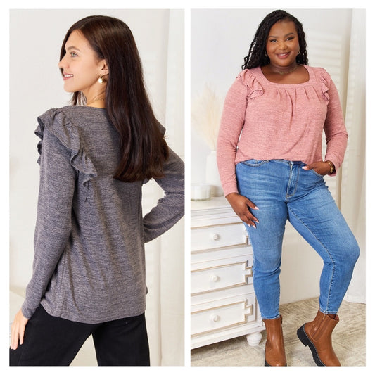 Double Take Square Neck Ruffle Shoulder Long Sleeve Top - 2 Color Options!