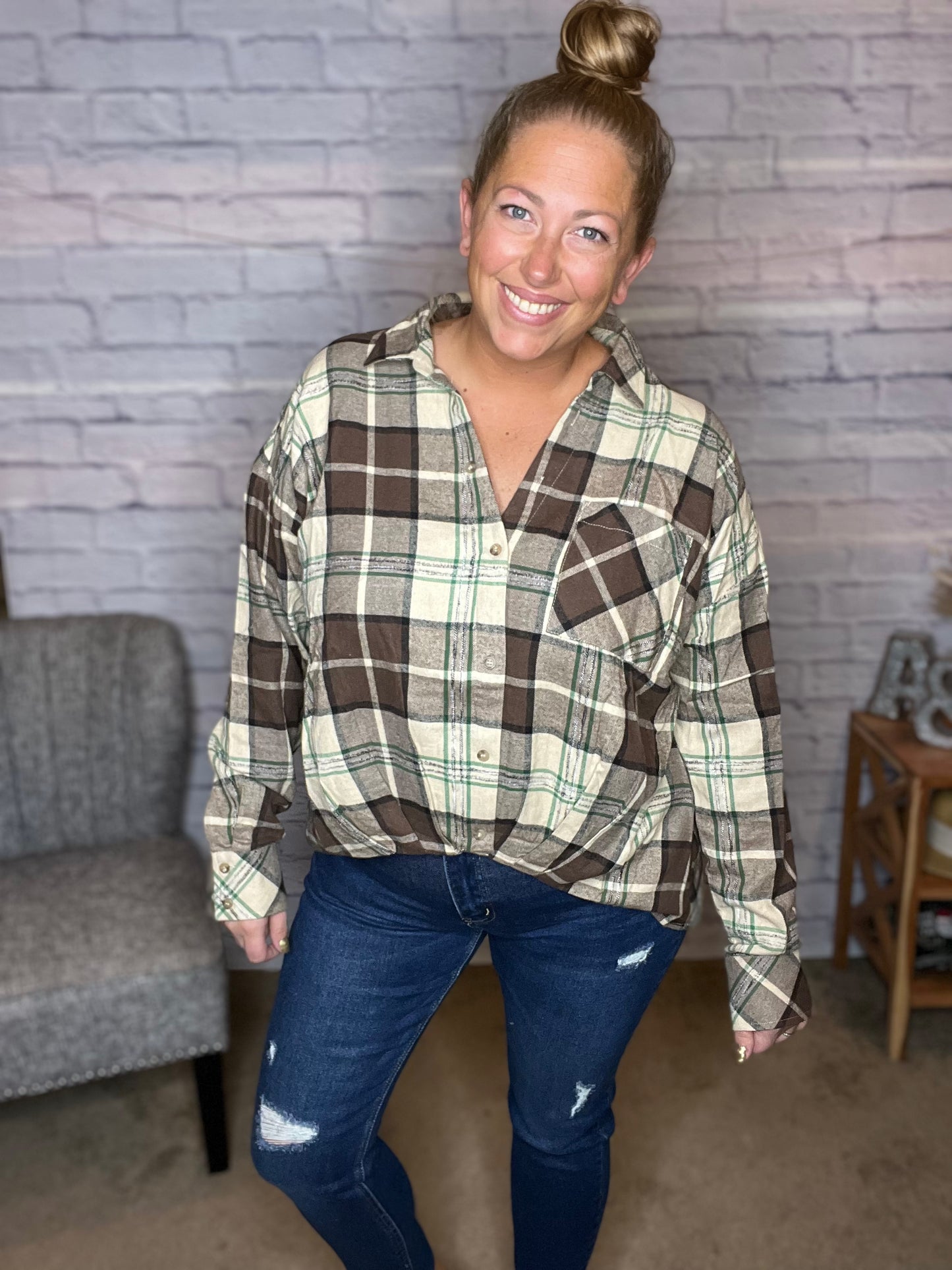 High/Low Plaid Button Down Top