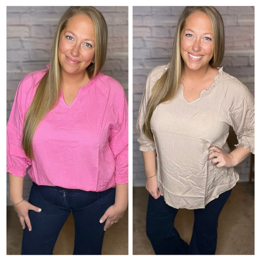 Easy Solid Top Featuring Ruffle Neck Detail - 2 Color Options!