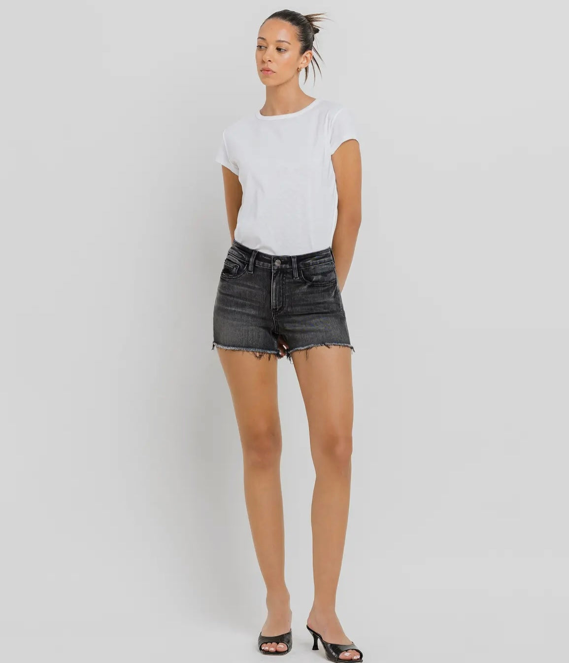 High Rise Raw Hem Denim Shorts by Vervet