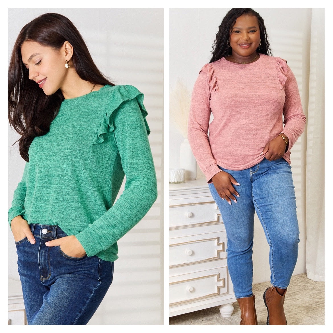 Double Take Ruffle Shoulder Long Sleeve Top - 2 Color Options!