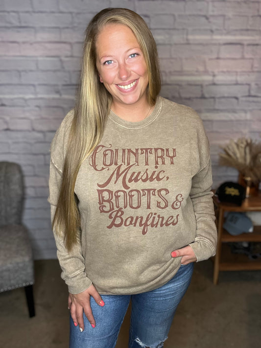 Country Music, Boots & Bonfire Mineral Wash Graphic Sweatshirt by Oat Collective