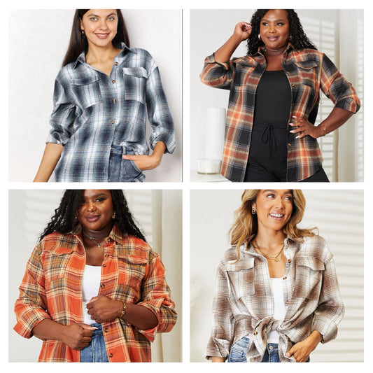 Double Take Plaid Dropped Shoulder Shirt - 4 Color Options!